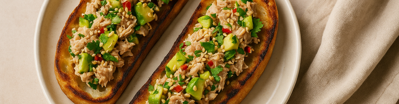 Two slices of toasted Turkish bread topped with a fresh tuna, avocado, and sesame seed mixture, garnished with chopped herbs and red chili.