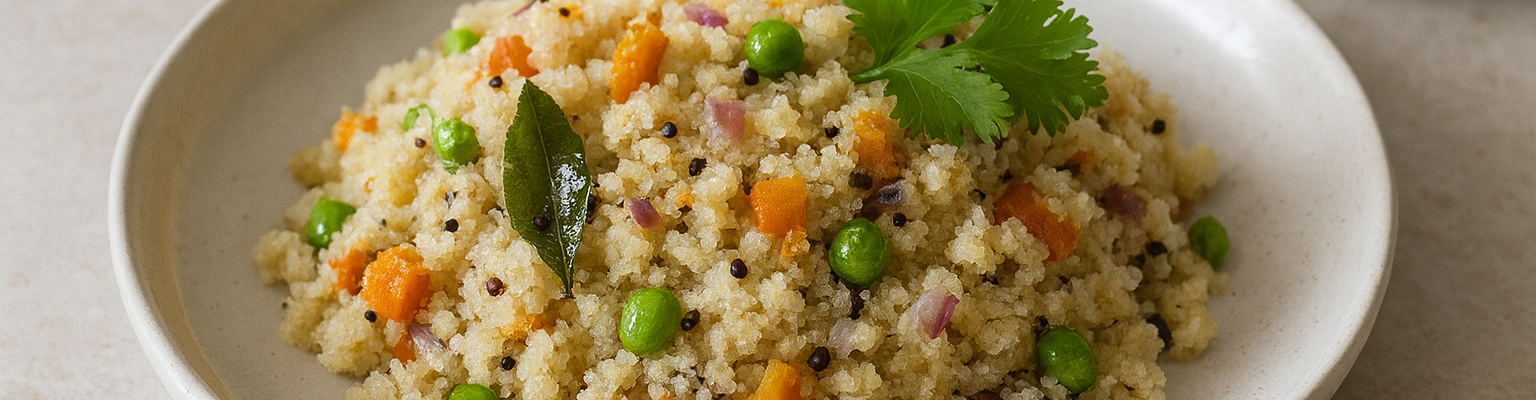 Upma made with basmati rice, onion, tomato, spices, and fresh coriander served on a plate with yoghurt on the side.