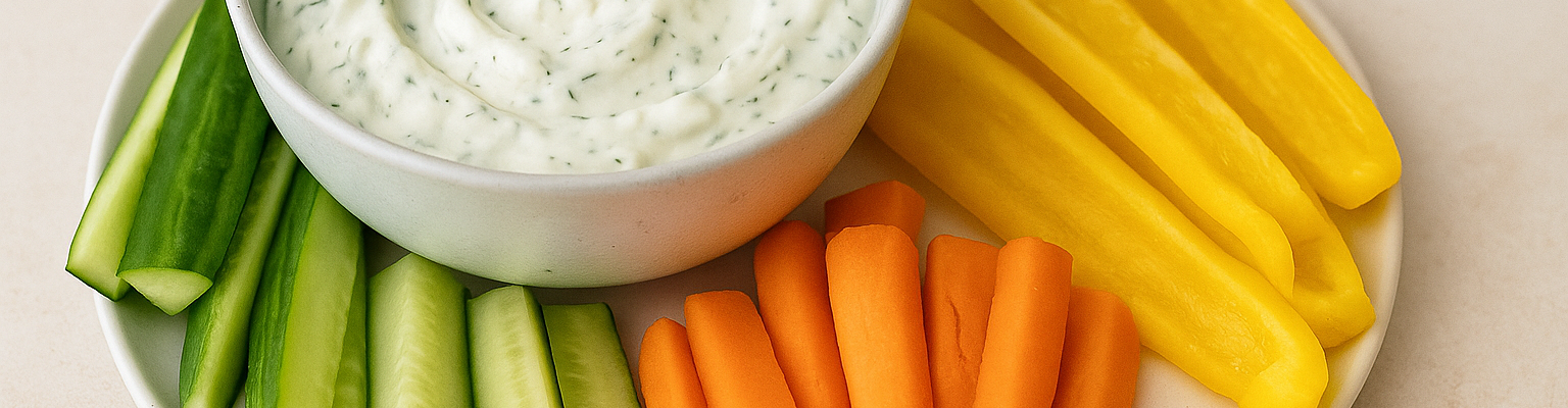 Fresh veggie sticks of cucumber, carrot, and yellow capsicum served with creamy tzatziki dip.
