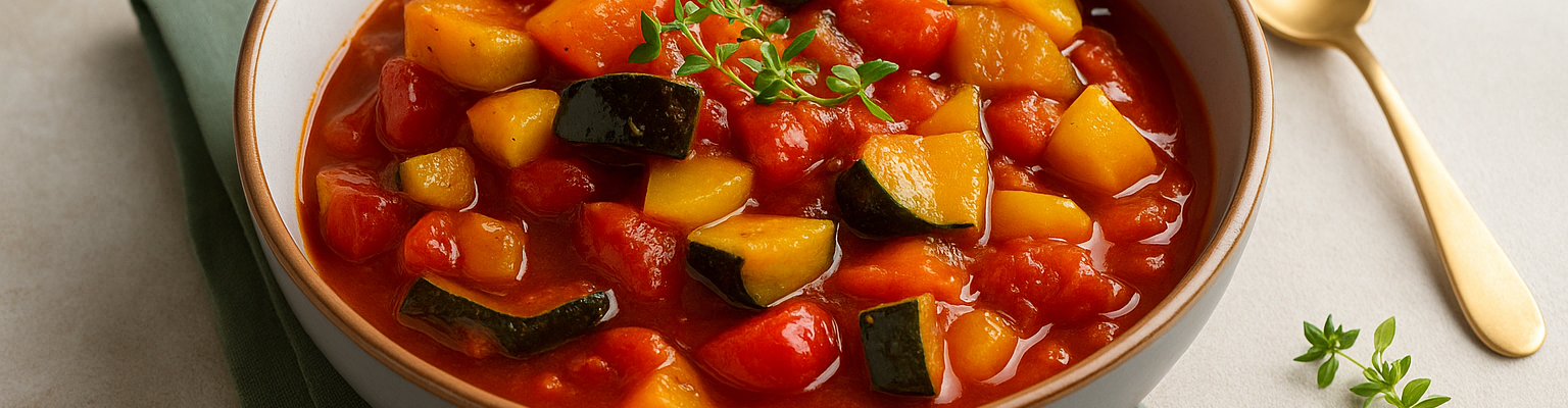 Bowl of pepperonata with chunks of capsicum, zucchini, and tomatoes in a rich tomato sauce, served with a gold spoon.