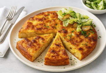 Golden-brown potato and onion frittata on a white plate with a few slices cut, garnished with fresh herbs and served with a side of lettuce.