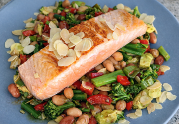 Pan-fried salmon served on a bean and broccolini salad with capsicum, avocado and flaked almonds.