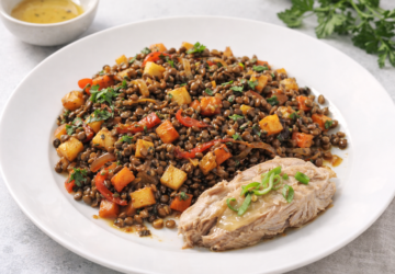 A white plate holding a warm lentil and vegetable salad with diced root vegetables and red capsicum, served with a piece of fish garnished with sliced green shallots.